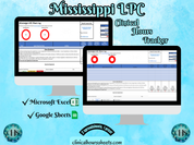 The image is a promotional graphic for a Mississippi LPC Clinical Hours Tracker, which is a software program used to track the hours worked by healthcare professionals. The graphic features a laptop displaying the Mississippi LPC Hours Log, along with a Microsoft Excel and a Google Sheets spreadsheet. The text on the image includes the words "Mississippi LPC", "Clinical Hours Tracker", "Microsoft Excel" and "Google Sheets" to describe the software and its purpose.