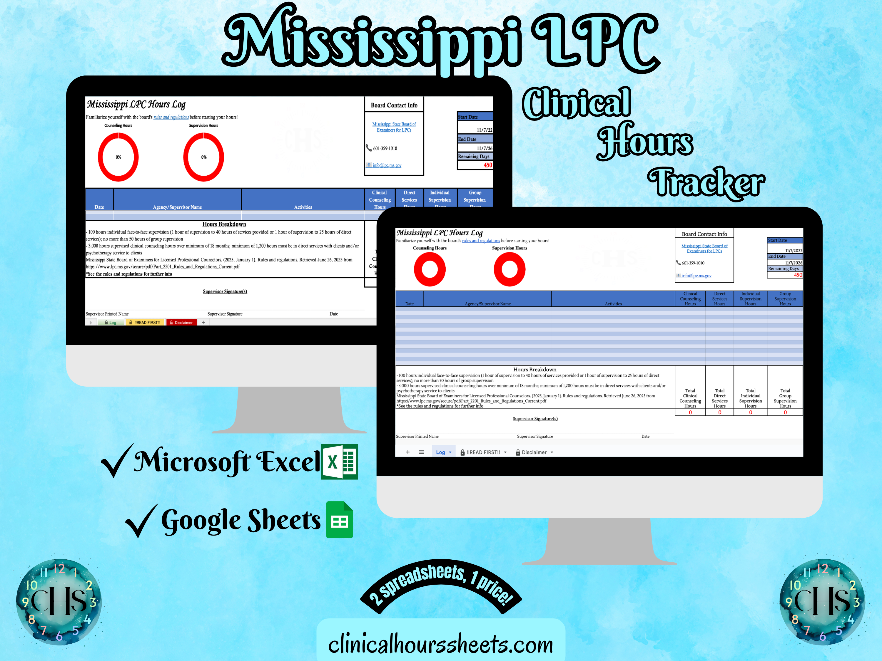 The image is a promotional graphic for a Mississippi LPC Clinical Hours Tracker, which is a software program used to track the hours worked by healthcare professionals. The graphic features a laptop displaying the Mississippi LPC Hours Log, along with a Microsoft Excel and a Google Sheets spreadsheet. The text on the image includes the words "Mississippi LPC", "Clinical Hours Tracker", "Microsoft Excel" and "Google Sheets" to describe the software and its purpose.