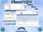 The image is a promotional graphic for a Missouri LCSW Clinical Hours Log, which is a software program used to track the hours worked by healthcare professionals. The graphic features a laptop displaying the Missouri LCSW Hours Log, along with a Microsoft Excel and a Google Sheets spreadsheet. The text on the image includes the words "Missouri LCSW", "Clinical Hours Log", "Microsoft Excel" and "Google Sheets" to describe the software and its purpose.