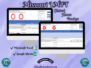The image is a promotional graphic for a Missouri LMFT Clinical Hours Tracker, which is a software program used to track the hours worked by healthcare professionals. The graphic features a laptop displaying the Missouri LMFT Hours Log, along with a Microsoft Excel and a Google Sheets spreadsheet. The text on the image includes the words "Missouri LMFT", "Clinical Hours Tracker", "Microsoft Excel" and "Google Sheets" to describe the software and its purpose.