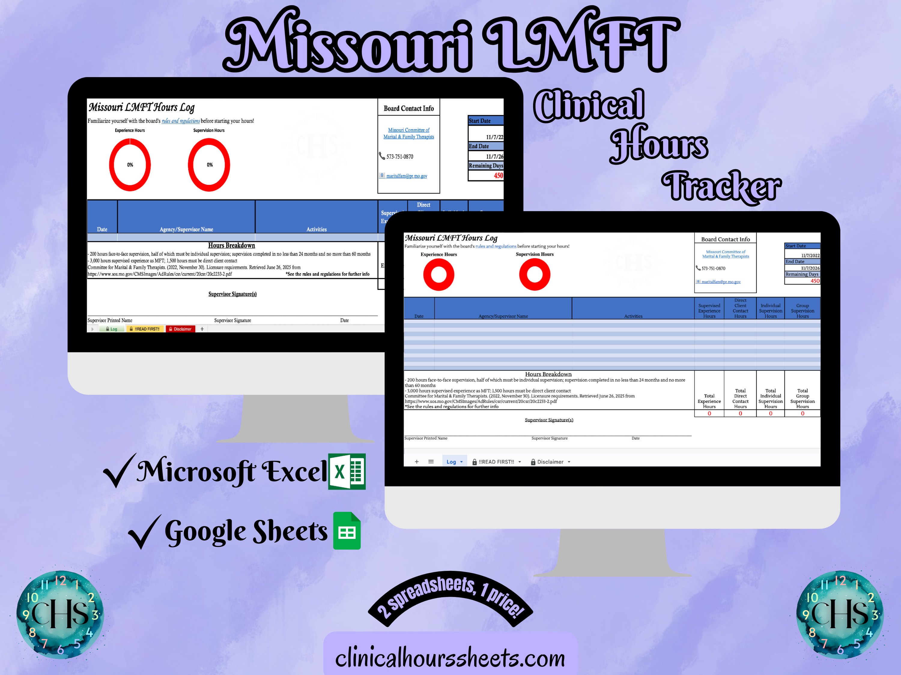 The image is a promotional graphic for a Missouri LMFT Clinical Hours Tracker, which is a software program used to track the hours worked by healthcare professionals. The graphic features a laptop displaying the Missouri LMFT Hours Log, along with a Microsoft Excel and a Google Sheets spreadsheet. The text on the image includes the words "Missouri LMFT", "Clinical Hours Tracker", "Microsoft Excel" and "Google Sheets" to describe the software and its purpose.