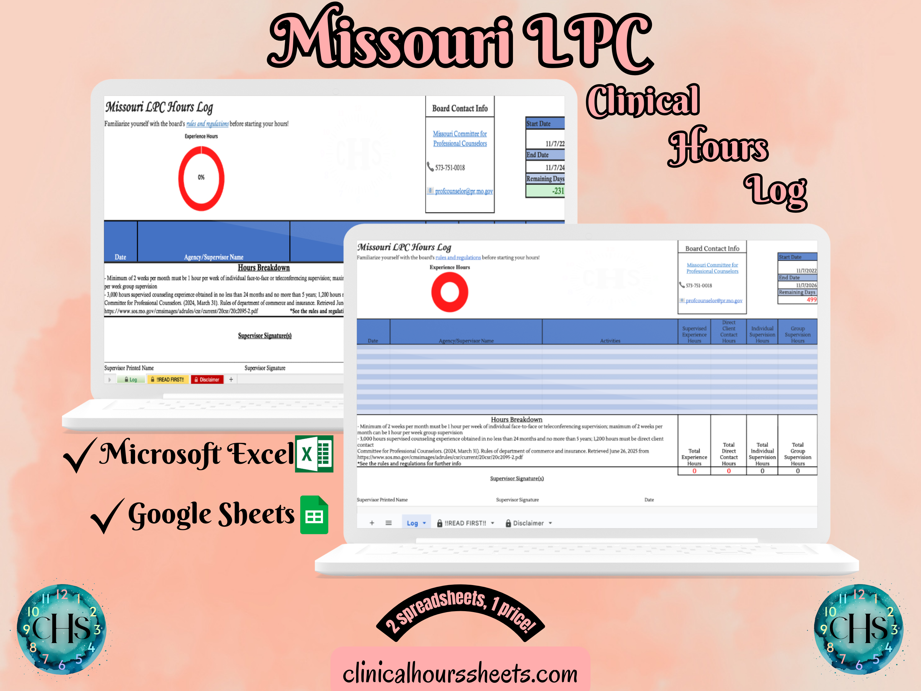 The image is a promotional graphic for a Missouri LPC Clinical Hours Log, which is a software program used to track the hours worked by healthcare professionals. The graphic features a laptop displaying the Missouri LPC Hours Log, along with a Microsoft Excel and a Google Sheets spreadsheet. The text on the image includes the words "Missouri LPC", "Clinical Hours Log", "Microsoft Excel" and "Google Sheets" to describe the software and its purpose.