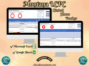 The image is a promotional graphic for a Montana LCPC Clinical Hours Tracker, which is a software program used to track the hours worked by healthcare professionals. The graphic features a laptop displaying the Montana LCPC Hours Log, along with a Microsoft Excel and a Google Sheets spreadsheet. The text on the image includes the words "Montana LCPC", "Clinical Hours Tracker", "Microsoft Excel" and "Google Sheets" to describe the software and its purpose.
