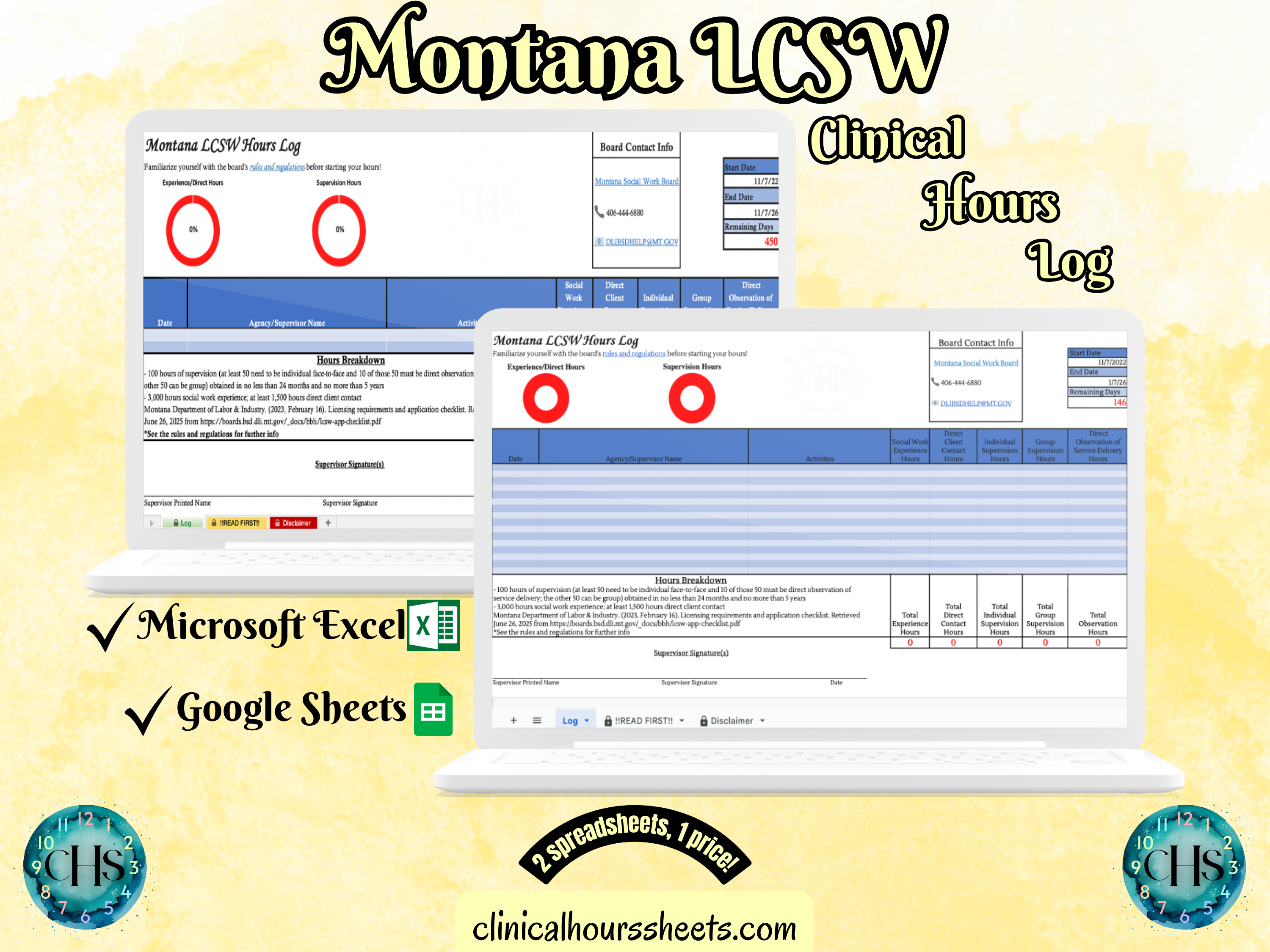 The image is a promotional graphic for a Montana LCSW Clinical Hours Log, which is a software program used to track the hours worked by healthcare professionals. The graphic features a laptop displaying the Montana LCSW Hours Log, along with a Microsoft Excel and a Google Sheets spreadsheet. The text on the image includes the words "Montana LCSW", "Clinical Hours Log", "Microsoft Excel" and "Google Sheets" to describe the software and its purpose.