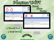 The image is a promotional graphic for a Montana LMFT Clinical Hours Tracker, which is a software program used to track the hours worked by healthcare professionals. The graphic features a laptop displaying the Montana LMFT Hours Log, along with a Microsoft Excel and a Google Sheets spreadsheet. The text on the image includes the words "Montana LMFT", "Clinical Hours Tracker", "Microsoft Excel" and "Google Sheets" to describe the software and its purpose.