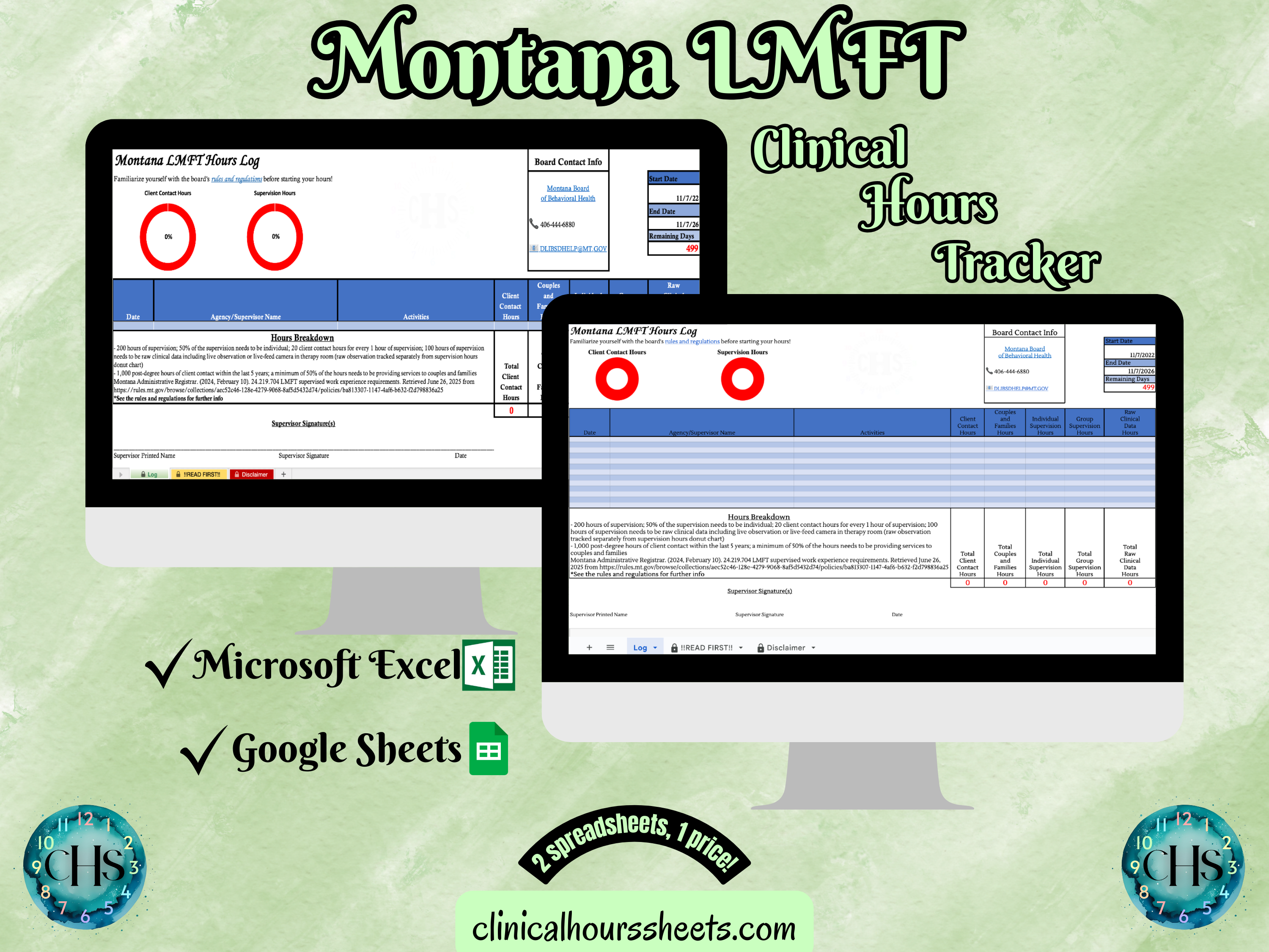 The image is a promotional graphic for a Montana LMFT Clinical Hours Tracker, which is a software program used to track the hours worked by healthcare professionals. The graphic features a laptop displaying the Montana LMFT Hours Log, along with a Microsoft Excel and a Google Sheets spreadsheet. The text on the image includes the words "Montana LMFT", "Clinical Hours Tracker", "Microsoft Excel" and "Google Sheets" to describe the software and its purpose.