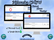 The image is a promotional graphic for a Nebraska CMSW Clinical Hours Tracker, which is a software program used to track the hours worked by healthcare professionals. The graphic features a laptop displaying the Nebraska CMSW Hours Log, along with a Microsoft Excel and a Google Sheets spreadsheet. The text on the image includes the words "Nebraska CMSW", "Clinical Hours Tracker", "Microsoft Excel" and "Google Sheets" to describe the software and its purpose.