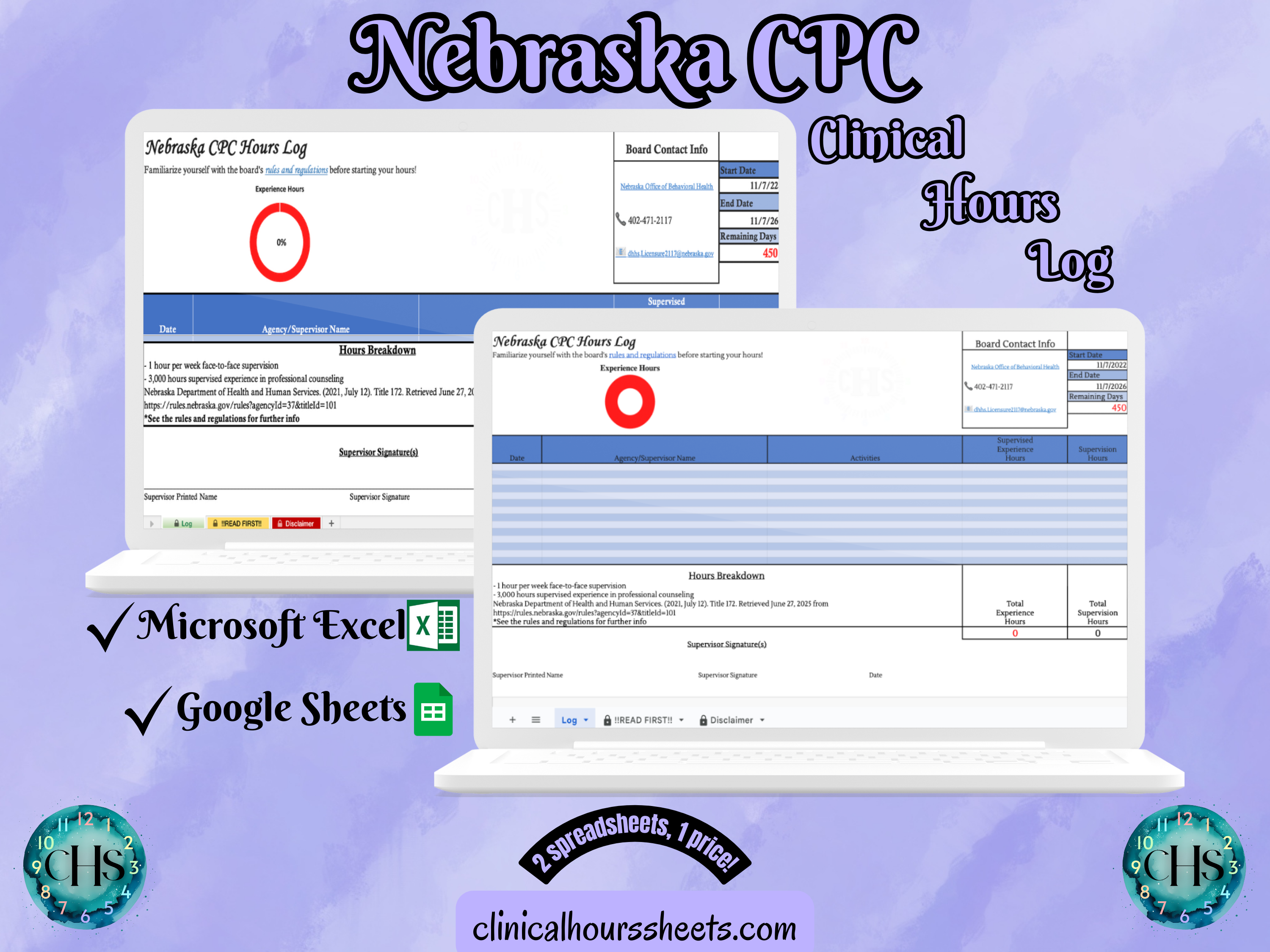 The image is a promotional graphic for a Nebraska CPC Clinical Hours Log, which is a software program used to track the hours worked by healthcare professionals. The graphic features a laptop displaying the Nebraska CPC Hours Log, along with a Microsoft Excel and a Google Sheets spreadsheet. The text on the image includes the words "Nebraska CPC", "Clinical Hours Log", "Microsoft Excel" and "Google Sheets" to describe the software and its purpose.