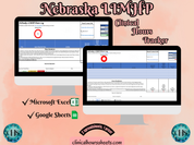 The image is a promotional graphic for a Nebraska LIMHP Clinical Hours Tracker, which is a software program used to track the hours worked by healthcare professionals. The graphic features a laptop displaying the Nebraska LIMHP Hours Log, along with a Microsoft Excel and a Google Sheets spreadsheet. The text on the image includes the words "Nebraska LIMHP", "Clinical Hours Tracker", "Microsoft Excel" and "Google Sheets" to describe the software and its purpose.