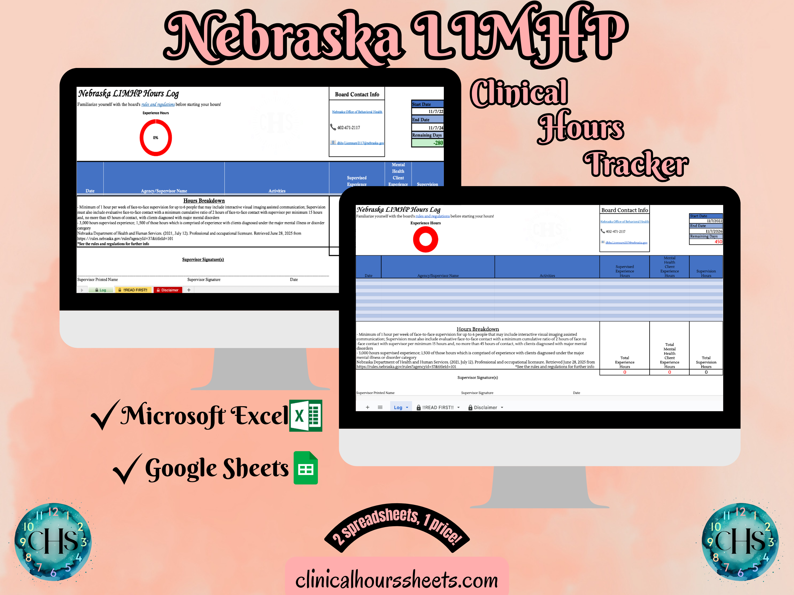 The image is a promotional graphic for a Nebraska LIMHP Clinical Hours Tracker, which is a software program used to track the hours worked by healthcare professionals. The graphic features a laptop displaying the Nebraska LIMHP Hours Log, along with a Microsoft Excel and a Google Sheets spreadsheet. The text on the image includes the words "Nebraska LIMHP", "Clinical Hours Tracker", "Microsoft Excel" and "Google Sheets" to describe the software and its purpose.