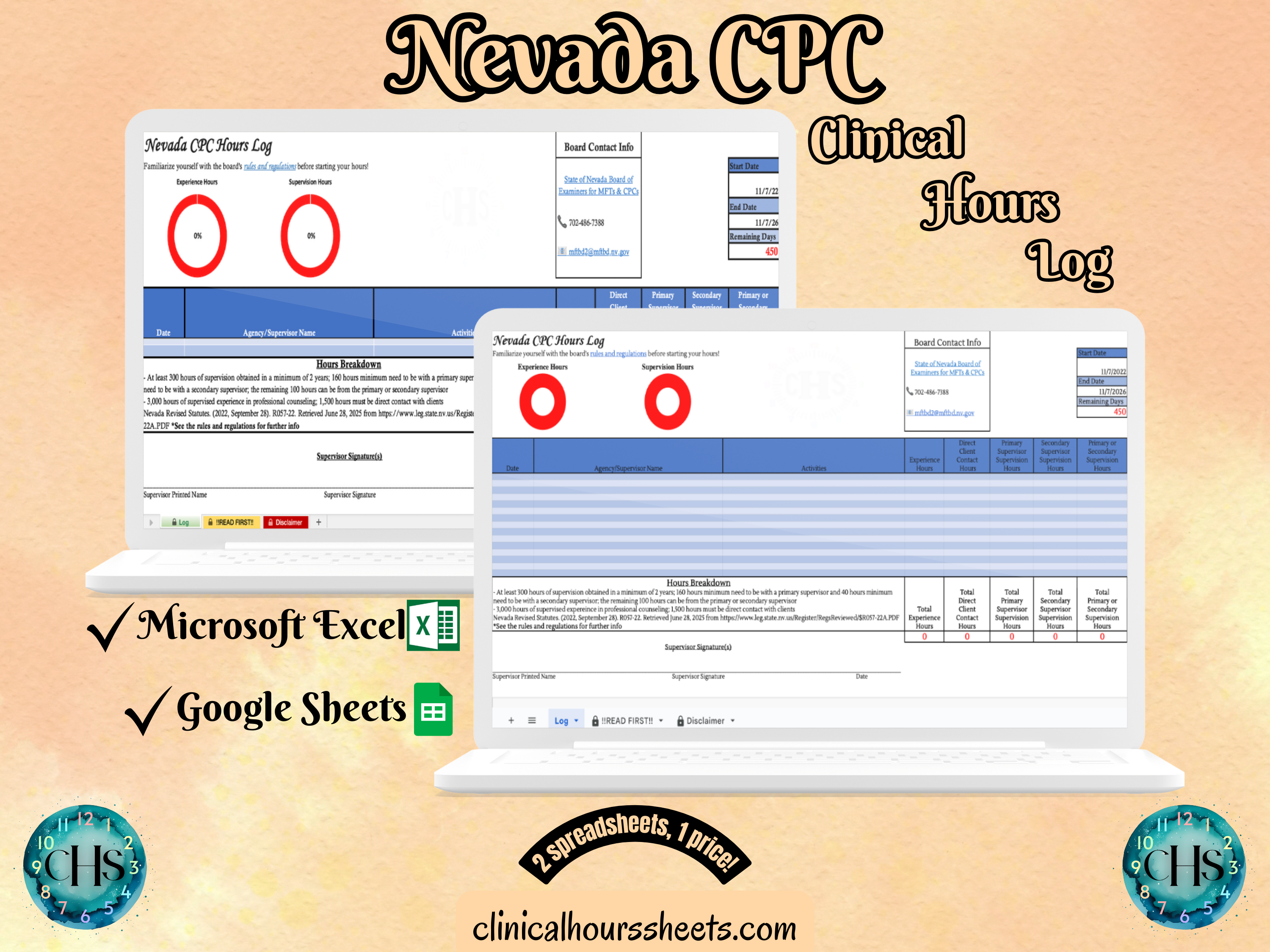 The image is a promotional graphic for a Nevada CPC Clinical Hours Log, which is a software program used to track the hours worked by healthcare professionals. The graphic features a laptop displaying the Nevada CPC Hours Log, along with a Microsoft Excel and a Google Sheets spreadsheet. The text on the image includes the words "Nevada CPC", "Clinical Hours Log", "Microsoft Excel" and "Google Sheets" to describe the software and its purpose.