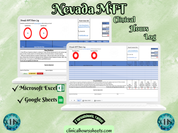 The image is a promotional graphic for a Nevada MFT Clinical Hours Log, which is a software program used to track the hours worked by healthcare professionals. The graphic features a laptop displaying the Nevada MFT Hours Log, along with a Microsoft Excel and a Google Sheets spreadsheet. The text on the image includes the words "Nevada MFT", "Clinical Hours Log", "Microsoft Excel" and "Google Sheets" to describe the software and its purpose.