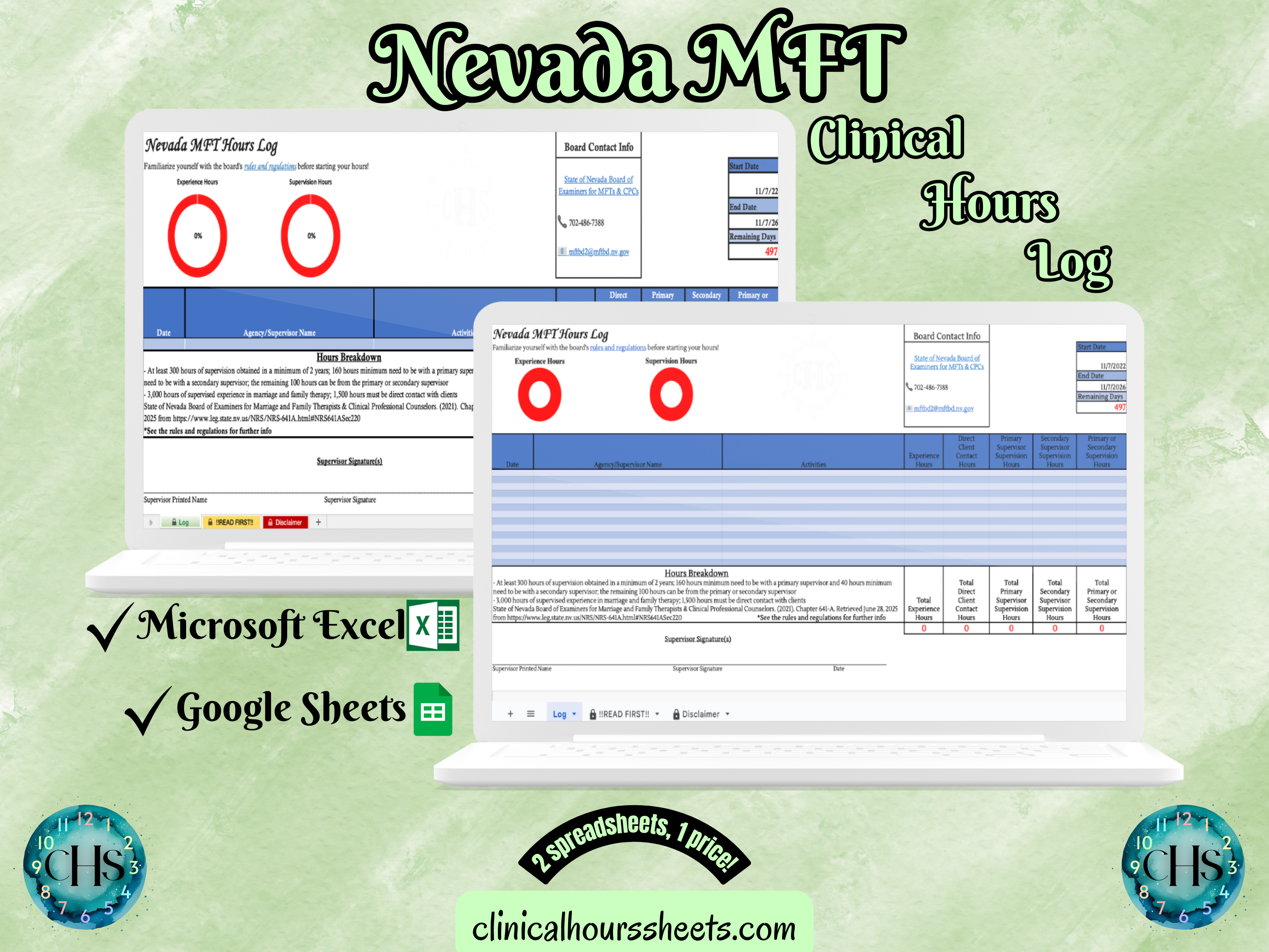 The image is a promotional graphic for a Nevada MFT Clinical Hours Log, which is a software program used to track the hours worked by healthcare professionals. The graphic features a laptop displaying the Nevada MFT Hours Log, along with a Microsoft Excel and a Google Sheets spreadsheet. The text on the image includes the words "Nevada MFT", "Clinical Hours Log", "Microsoft Excel" and "Google Sheets" to describe the software and its purpose.