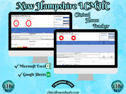 The image is a promotional graphic for a New Hampshire LCMHC Clinical Hours Tracker, which is a software program used to track the hours worked by healthcare professionals. The graphic features a laptop displaying the New Hampshire LCMHC Hours Log, along with a Microsoft Excel and a Google Sheets spreadsheet. The text on the image includes the words "New Hampshire LCMHC", "Clinical Hours Tracker", "Microsoft Excel" and "Google Sheets" to describe the software and its purpose.