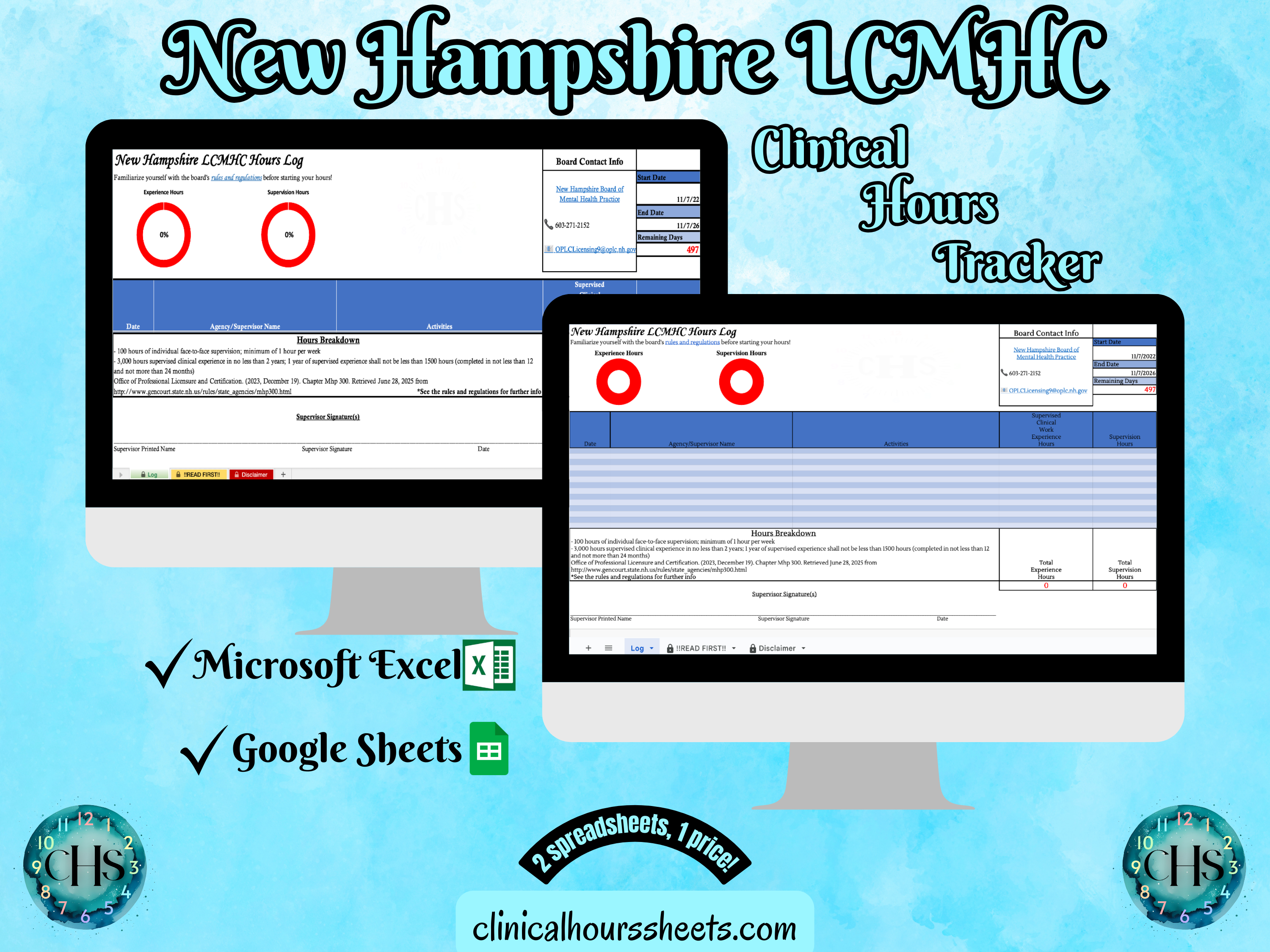 The image is a promotional graphic for a New Hampshire LCMHC Clinical Hours Tracker, which is a software program used to track the hours worked by healthcare professionals. The graphic features a laptop displaying the New Hampshire LCMHC Hours Log, along with a Microsoft Excel and a Google Sheets spreadsheet. The text on the image includes the words "New Hampshire LCMHC", "Clinical Hours Tracker", "Microsoft Excel" and "Google Sheets" to describe the software and its purpose.