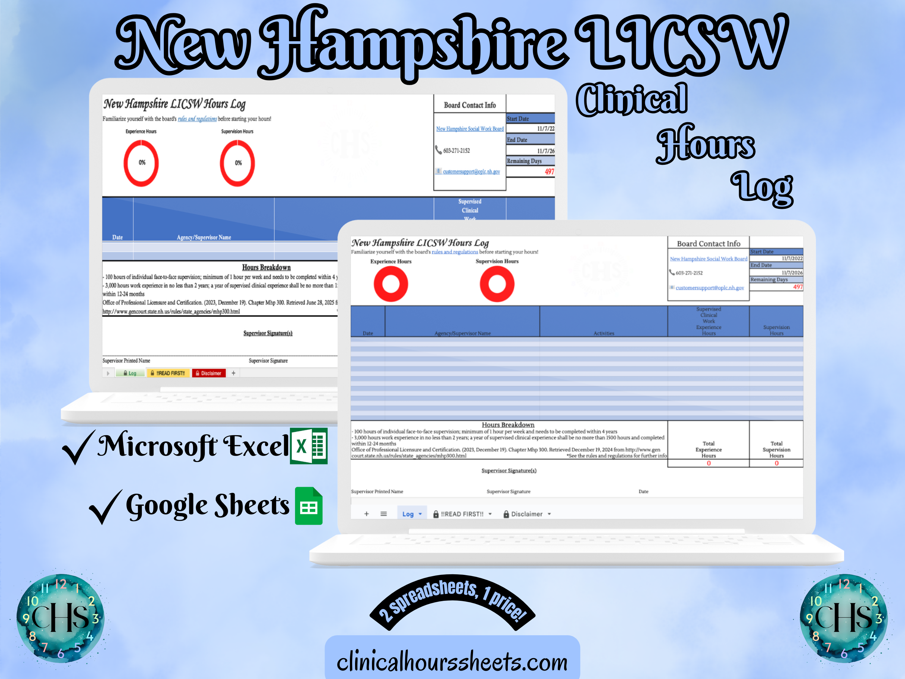 The image is a promotional graphic for a New Hampshire LICSW Clinical Hours Log, which is a software program used to track the hours worked by healthcare professionals. The graphic features a laptop displaying the New Hampshire LICSW Hours Log, along with a Microsoft Excel and a Google Sheets spreadsheet. The text on the image includes the words "New Hampshire LICSW", "Clinical Hours Log", "Microsoft Excel" and "Google Sheets" to describe the software and its purpose.