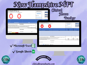 The image is a promotional graphic for a New Hampshire MFT Clinical Hours Tracker, which is a software program used to track the hours worked by healthcare professionals. The graphic features a laptop displaying the New Hampshire MFT Hours Log, along with a Microsoft Excel and a Google Sheets spreadsheet. The text on the image includes the words "New Hampshire MFT", "Clinical Hours Tracker", "Microsoft Excel" and "Google Sheets" to describe the software and its purpose.
