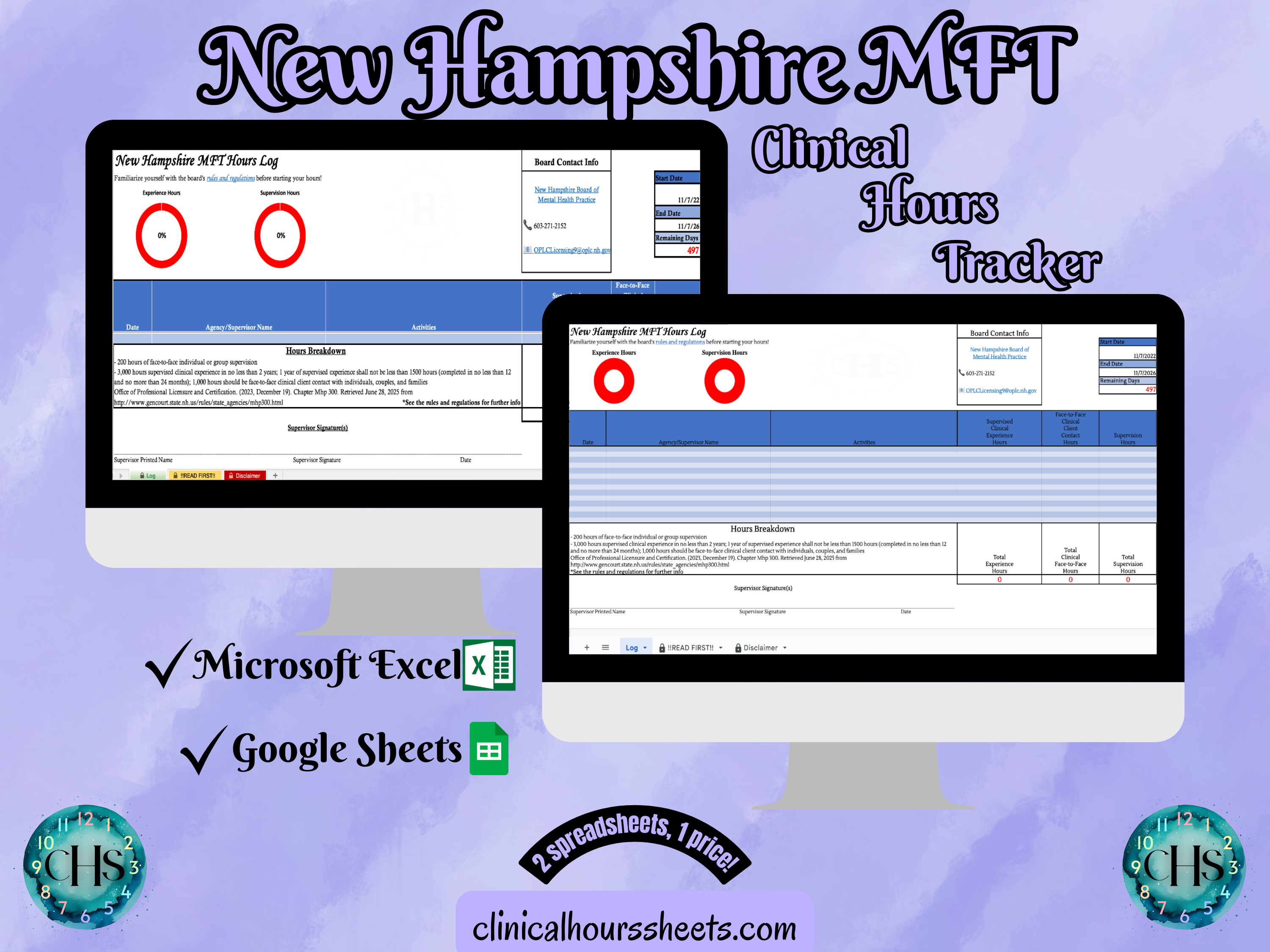 The image is a promotional graphic for a New Hampshire MFT Clinical Hours Tracker, which is a software program used to track the hours worked by healthcare professionals. The graphic features a laptop displaying the New Hampshire MFT Hours Log, along with a Microsoft Excel and a Google Sheets spreadsheet. The text on the image includes the words "New Hampshire MFT", "Clinical Hours Tracker", "Microsoft Excel" and "Google Sheets" to describe the software and its purpose.