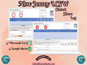 The image is a promotional graphic for a New Jersey LCSW Clinical Hours Log, which is a software program used to track the hours worked by healthcare professionals. The graphic features a laptop displaying the New Jersey LCSW Hours Log, along with a Microsoft Excel and a Google Sheets spreadsheet. The text on the image includes the words "New Jersey LCSW", "Clinical Hours Log", "Microsoft Excel" and "Google Sheets" to describe the software and its purpose.