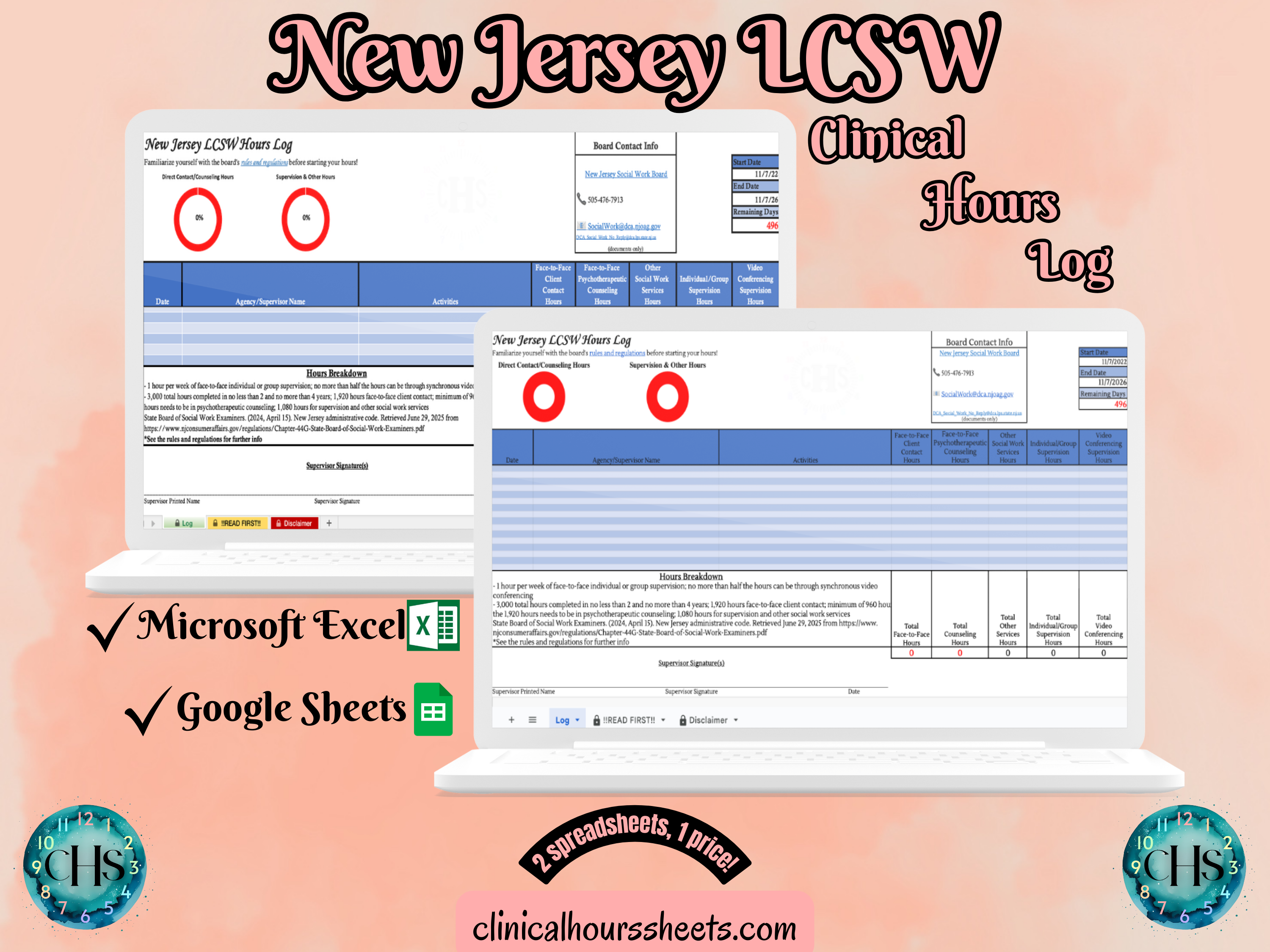 The image is a promotional graphic for a New Jersey LCSW Clinical Hours Log, which is a software program used to track the hours worked by healthcare professionals. The graphic features a laptop displaying the New Jersey LCSW Hours Log, along with a Microsoft Excel and a Google Sheets spreadsheet. The text on the image includes the words "New Jersey LCSW", "Clinical Hours Log", "Microsoft Excel" and "Google Sheets" to describe the software and its purpose.