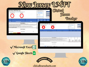 The image is a promotional graphic for a New Jersey LMFT Clinical Hours Tracker, which is a software program used to track the hours worked by healthcare professionals. The graphic features a laptop displaying the New Jersey LMFT Hours Log, along with a Microsoft Excel and a Google Sheets spreadsheet. The text on the image includes the words "New Jersey LMFT", "Clinical Hours Tracker", "Microsoft Excel" and "Google Sheets" to describe the software and its purpose.