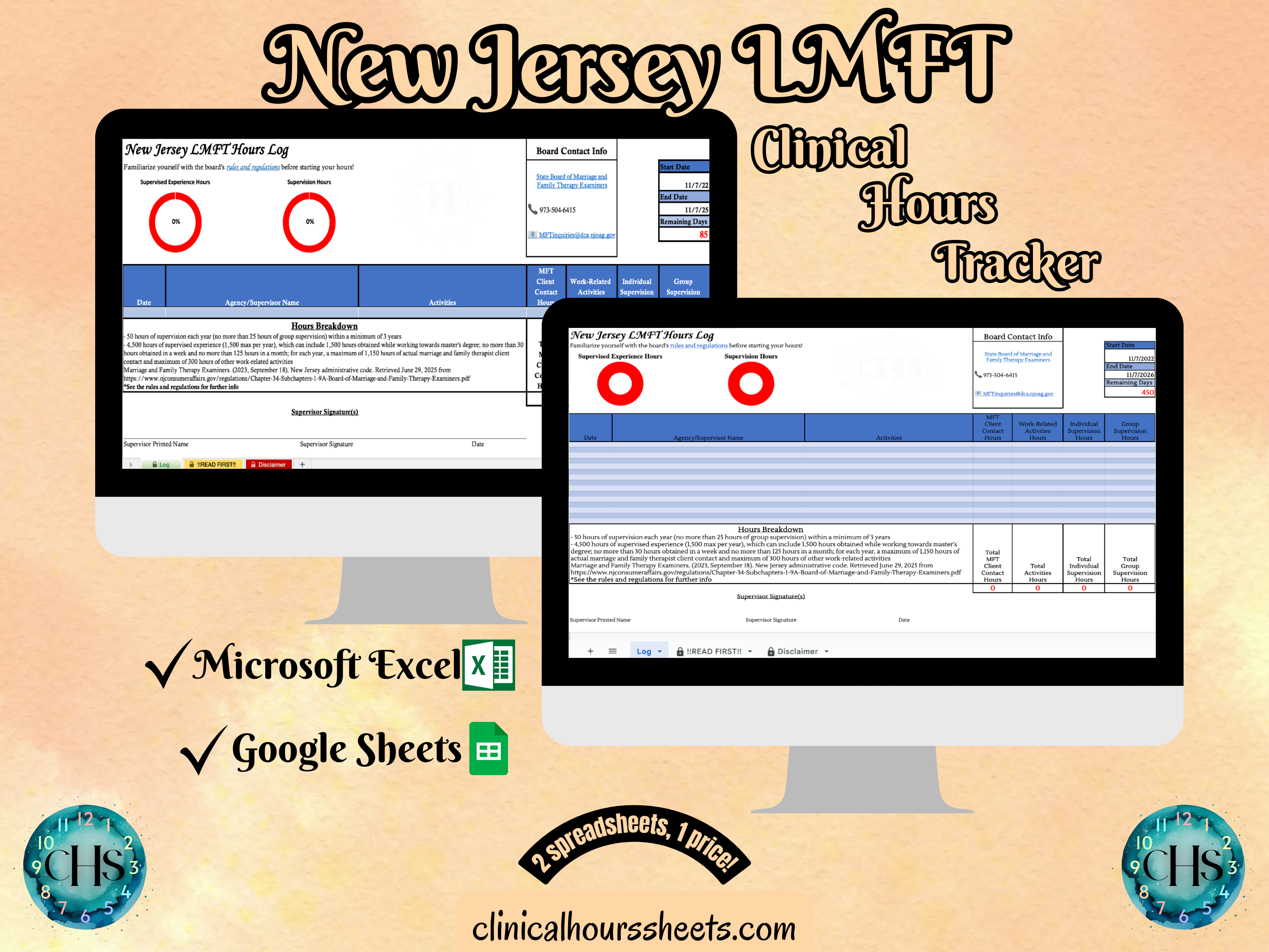 The image is a promotional graphic for a New Jersey LMFT Clinical Hours Tracker, which is a software program used to track the hours worked by healthcare professionals. The graphic features a laptop displaying the New Jersey LMFT Hours Log, along with a Microsoft Excel and a Google Sheets spreadsheet. The text on the image includes the words "New Jersey LMFT", "Clinical Hours Tracker", "Microsoft Excel" and "Google Sheets" to describe the software and its purpose.