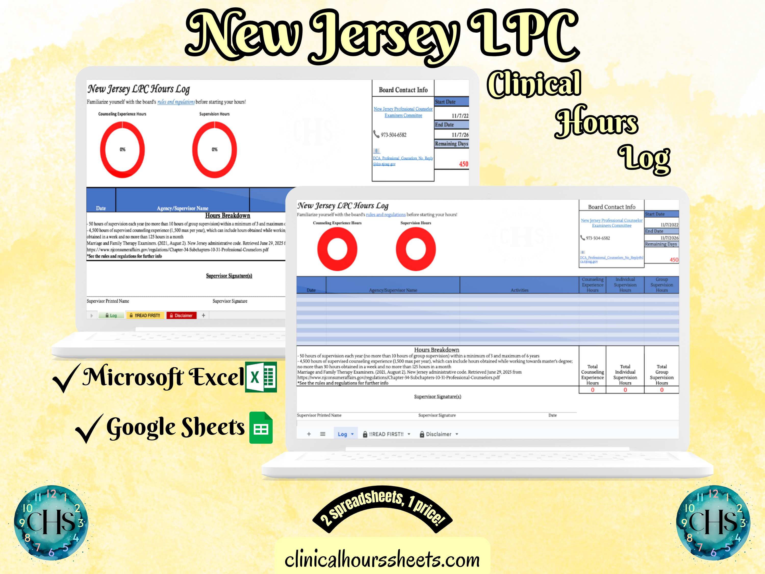 The image is a promotional graphic for a New Jersey LPC Clinical Hours Log, which is a software program used to track the hours worked by healthcare professionals. The graphic features a laptop displaying the New Jersey LPC Hours Log, along with a Microsoft Excel and a Google Sheets spreadsheet. The text on the image includes the words "New Jersey LPC", "Clinical Hours Log", "Microsoft Excel" and "Google Sheets" to describe the software and its purpose.