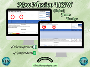 The image is a promotional graphic for a New Mexico LCSW Clinical Hours Tracker, which is a software program used to track the hours worked by healthcare professionals. The graphic features a laptop displaying the New Mexico LCSW Hours Log, along with a Microsoft Excel and a Google Sheets spreadsheet. The text on the image includes the words "New Mexico LCSW", "Clinical Hours Tracker", "Microsoft Excel" and "Google Sheets" to describe the software and its purpose.