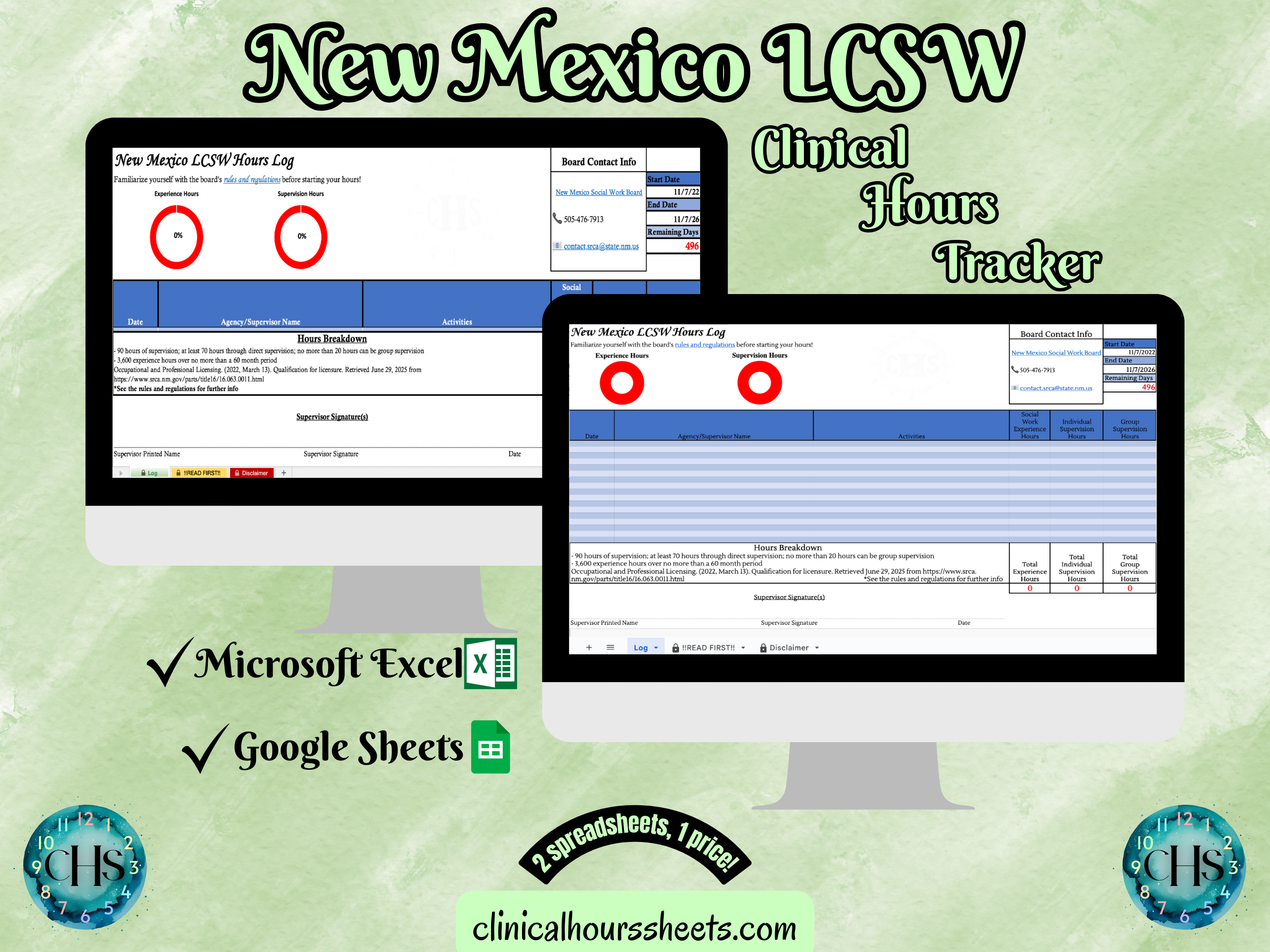 The image is a promotional graphic for a New Mexico LCSW Clinical Hours Tracker, which is a software program used to track the hours worked by healthcare professionals. The graphic features a laptop displaying the New Mexico LCSW Hours Log, along with a Microsoft Excel and a Google Sheets spreadsheet. The text on the image includes the words "New Mexico LCSW", "Clinical Hours Tracker", "Microsoft Excel" and "Google Sheets" to describe the software and its purpose.