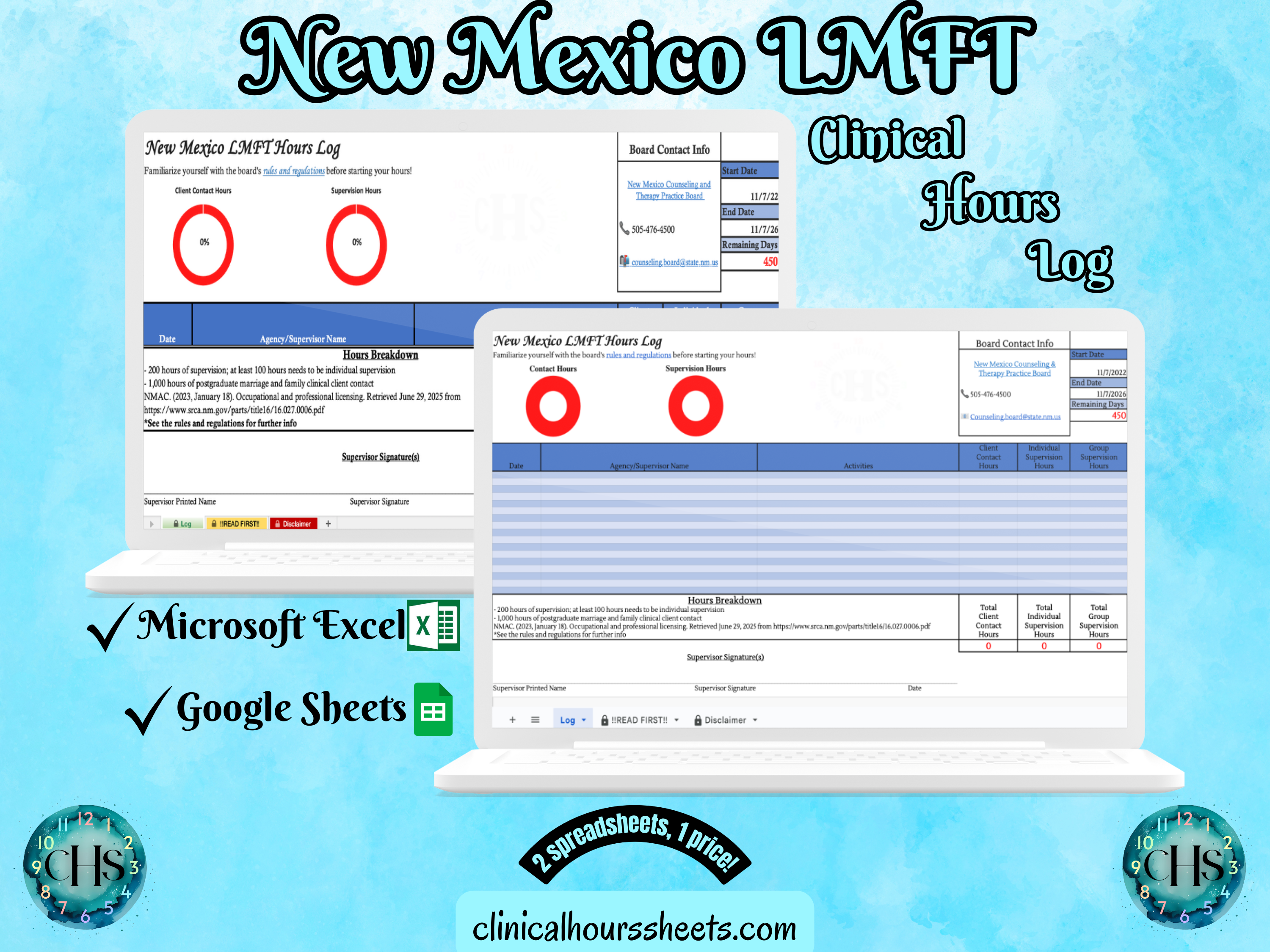 The image is a promotional graphic for a New Mexico LMFT Clinical Hours Log, which is a software program used to track the hours worked by healthcare professionals. The graphic features a laptop displaying the New Mexico LMFT Hours Log, along with a Microsoft Excel and a Google Sheets spreadsheet. The text on the image includes the words "New Mexico LMFT", "Clinical Hours Log", "Microsoft Excel" and "Google Sheets" to describe the software and its purpose.