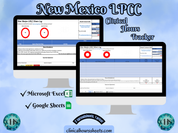 The image is a promotional graphic for a New Mexico LPCC Clinical Hours Tracker, which is a software program used to track the hours worked by healthcare professionals. The graphic features a laptop displaying the New Mexico LPCC Hours Log, along with a Microsoft Excel and a Google Sheets spreadsheet. The text on the image includes the words "New Mexico LPCC", "Clinical Hours Tracker", "Microsoft Excel" and "Google Sheets" to describe the software and its purpose.
