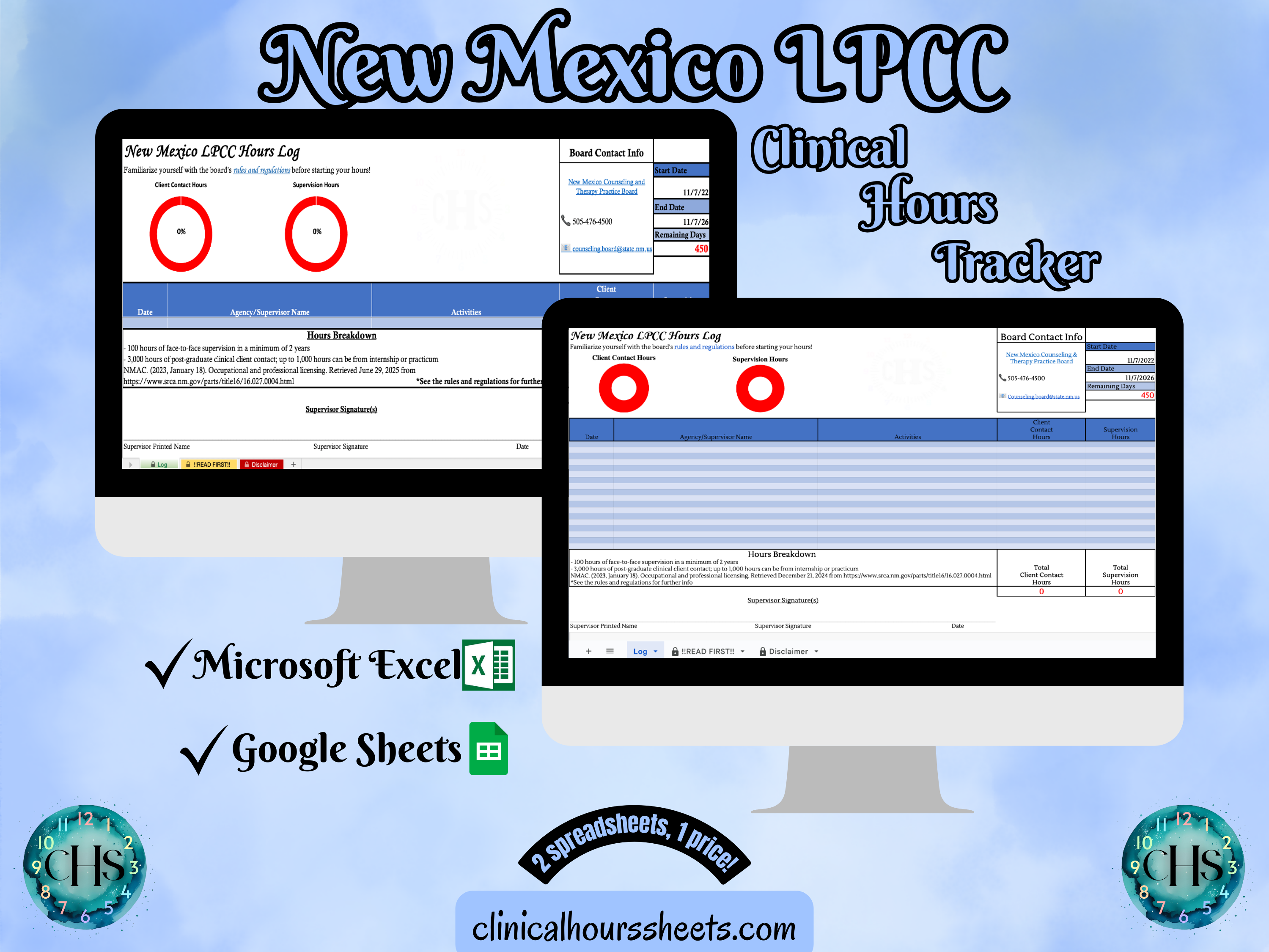 The image is a promotional graphic for a New Mexico LPCC Clinical Hours Tracker, which is a software program used to track the hours worked by healthcare professionals. The graphic features a laptop displaying the New Mexico LPCC Hours Log, along with a Microsoft Excel and a Google Sheets spreadsheet. The text on the image includes the words "New Mexico LPCC", "Clinical Hours Tracker", "Microsoft Excel" and "Google Sheets" to describe the software and its purpose.