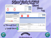 The image is a promotional graphic for a New York LCSW Clinical Hours Log, which is a software program used to track the hours worked by healthcare professionals. The graphic features a laptop displaying the New York LCSW Hours Log, along with a Microsoft Excel and a Google Sheets spreadsheet. The text on the image includes the words "New York LCSW", "Clinical Hours Log", "Microsoft Excel" and "Google Sheets" to describe the software and its purpose.