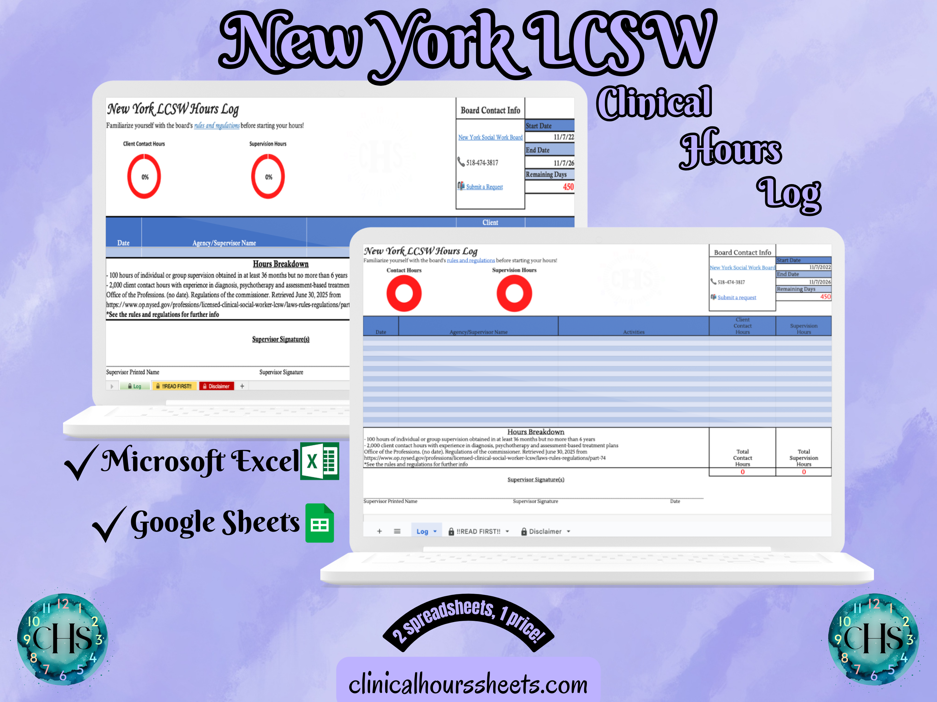 The image is a promotional graphic for a New York LCSW Clinical Hours Log, which is a software program used to track the hours worked by healthcare professionals. The graphic features a laptop displaying the New York LCSW Hours Log, along with a Microsoft Excel and a Google Sheets spreadsheet. The text on the image includes the words "New York LCSW", "Clinical Hours Log", "Microsoft Excel" and "Google Sheets" to describe the software and its purpose.