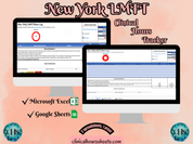 The image is a promotional graphic for a New York LMFT Clinical Hours Tracker, which is a software program used to track the hours worked by healthcare professionals. The graphic features a laptop displaying the New York LMFT Hours Log, along with a Microsoft Excel and a Google Sheets spreadsheet. The text on the image includes the words "New York LMFT", "Clinical Hours Tracker", "Microsoft Excel" and "Google Sheets" to describe the software and its purpose.