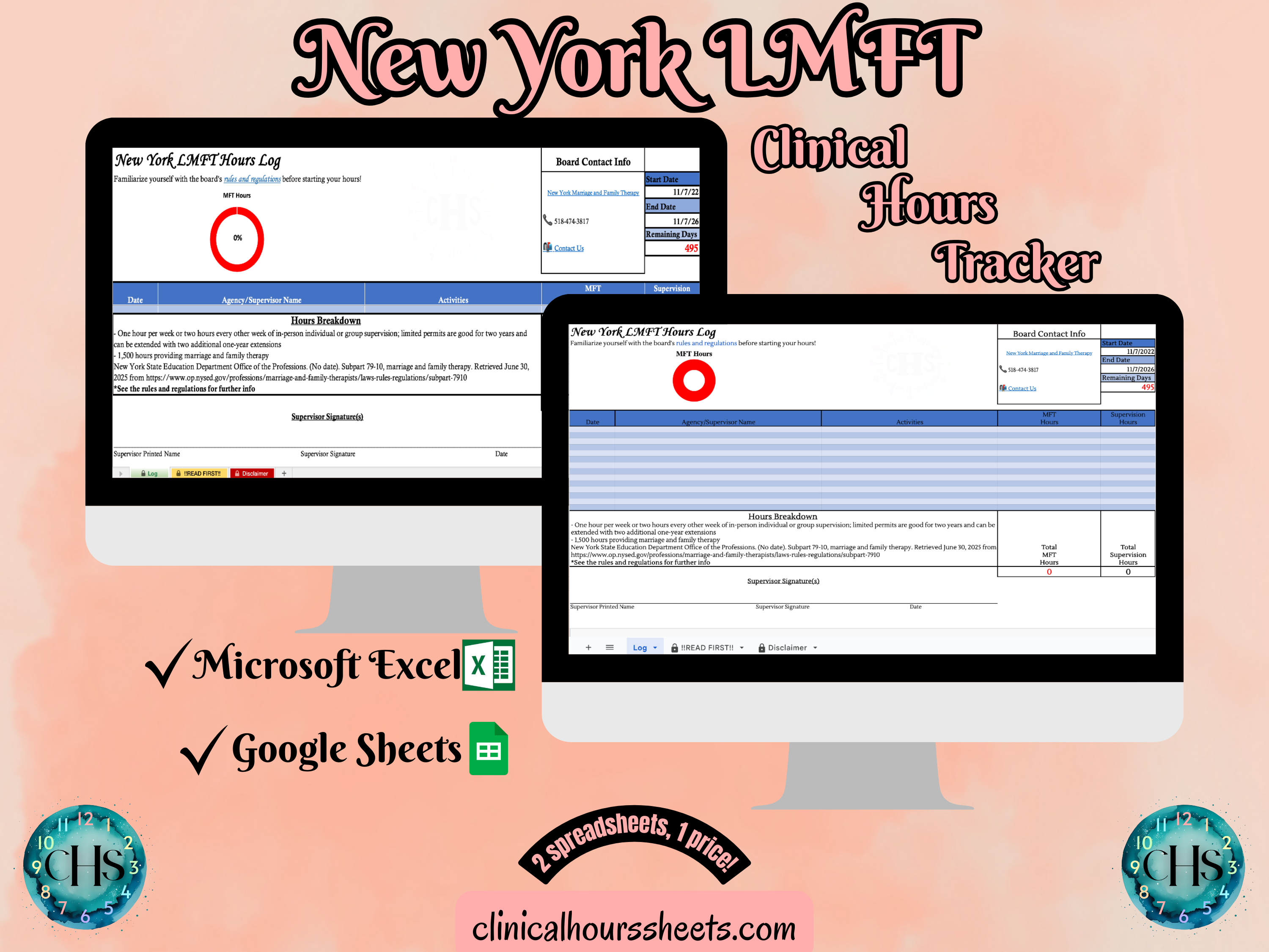 The image is a promotional graphic for a New York LMFT Clinical Hours Tracker, which is a software program used to track the hours worked by healthcare professionals. The graphic features a laptop displaying the New York LMFT Hours Log, along with a Microsoft Excel and a Google Sheets spreadsheet. The text on the image includes the words "New York LMFT", "Clinical Hours Tracker", "Microsoft Excel" and "Google Sheets" to describe the software and its purpose.