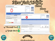 The image is a promotional graphic for a New York LMHC Clinical Hours Log, which is a software program used to track the hours worked by healthcare professionals. The graphic features a laptop displaying the New York LMHC Hours Log, along with a Microsoft Excel and a Google Sheets spreadsheet. The text on the image includes the words "New York LMHC", "Clinical Hours Log", "Microsoft Excel" and "Google Sheets" to describe the software and its purpose.