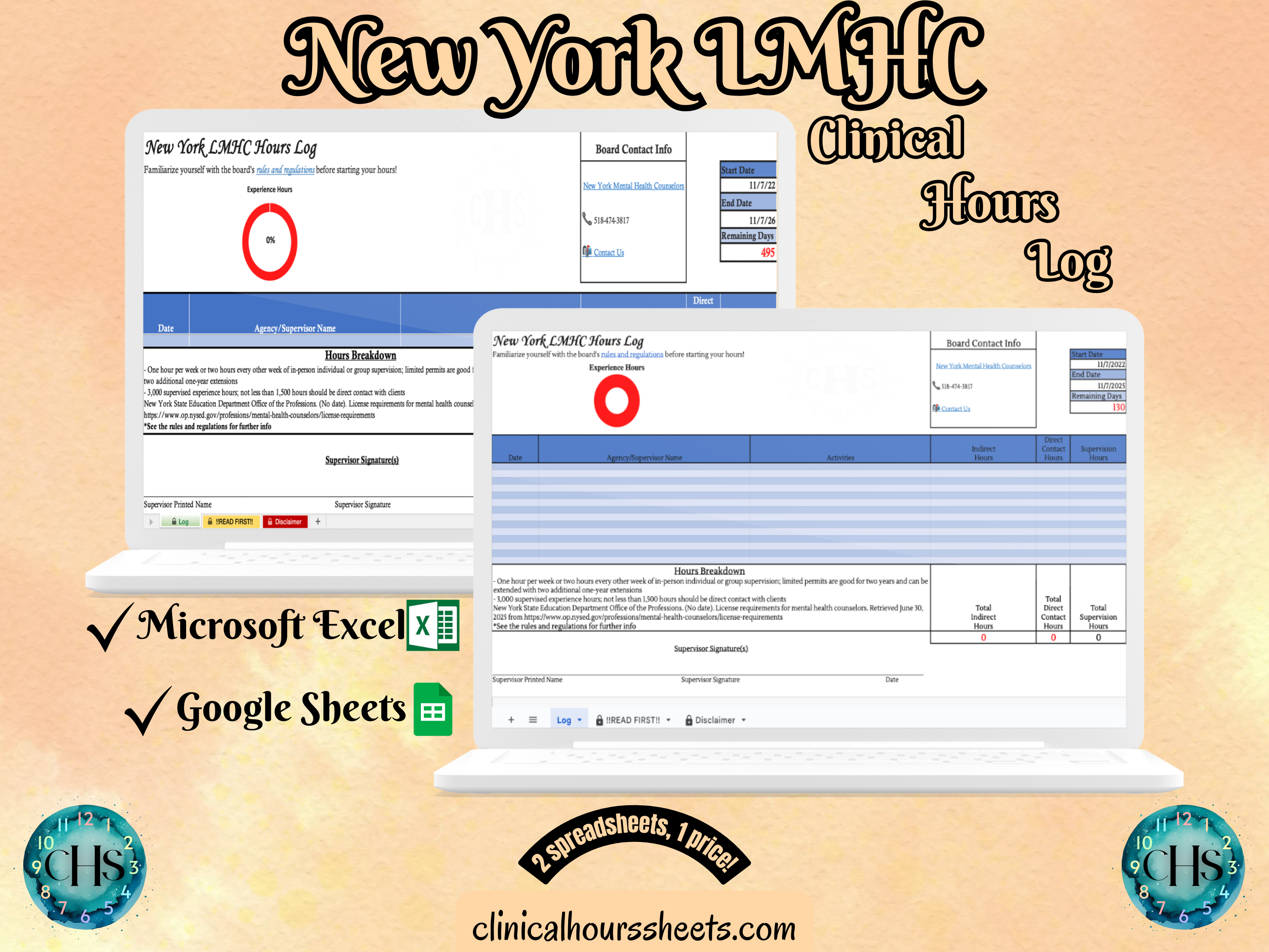 The image is a promotional graphic for a New York LMHC Clinical Hours Log, which is a software program used to track the hours worked by healthcare professionals. The graphic features a laptop displaying the New York LMHC Hours Log, along with a Microsoft Excel and a Google Sheets spreadsheet. The text on the image includes the words "New York LMHC", "Clinical Hours Log", "Microsoft Excel" and "Google Sheets" to describe the software and its purpose.