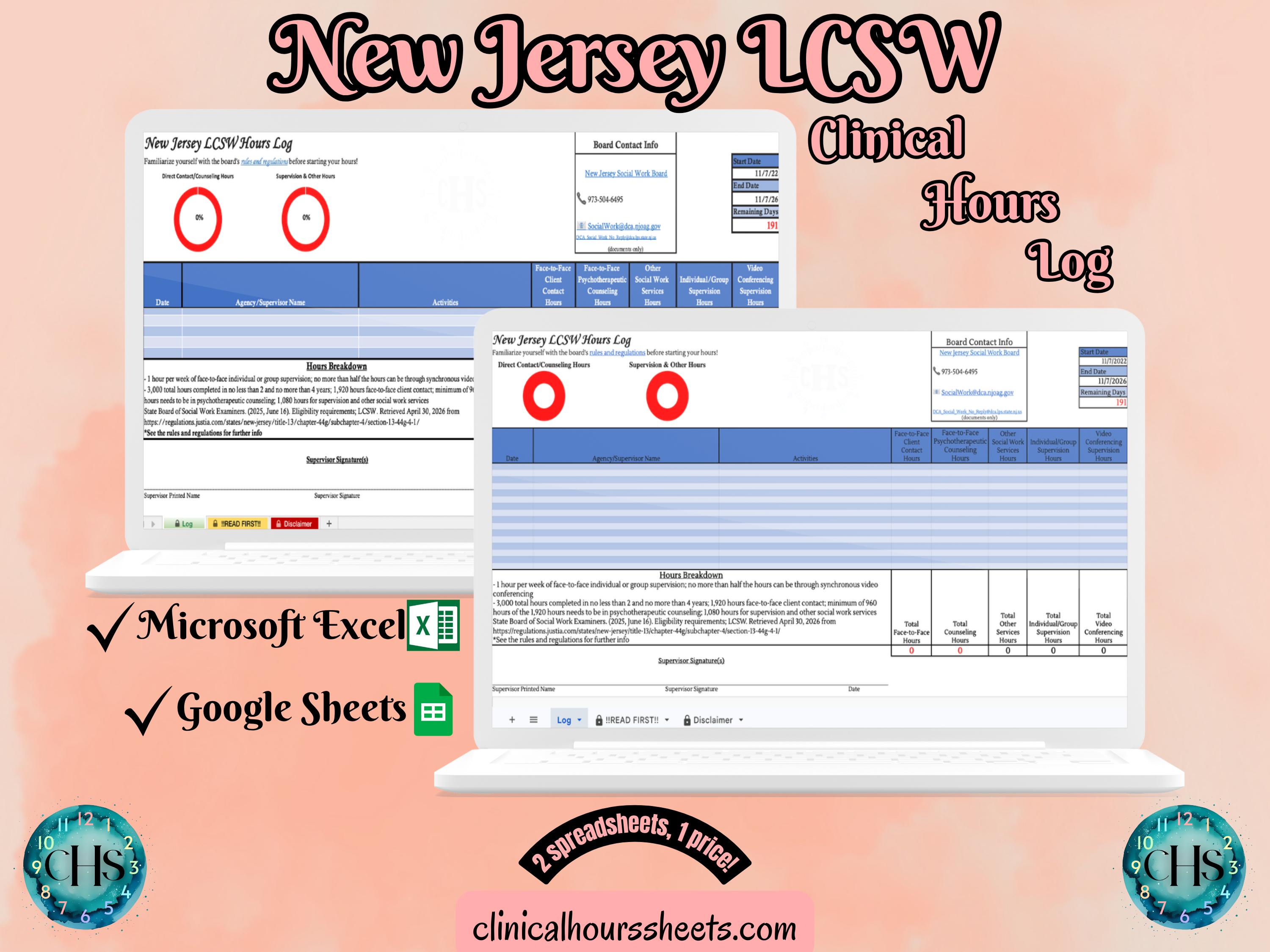 New Jersey, LCSW Hours Tracker, Clinical Supervision Log for Master Social Worker - MSW Student or MSW Graduation Gift