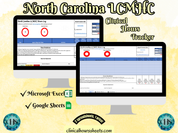 The image is a promotional graphic for a North Carolina LCMHC Clinical Hours Tracker, which is a software program used to track the hours worked by healthcare professionals. The graphic features a laptop displaying the North Carolina LCMHC Hours Log, along with a Microsoft Excel and a Google Sheets spreadsheet. The text on the image includes the words "North Carolina LCMHC", "Clinical Hours Tracker", "Microsoft Excel" and "Google Sheets" to describe the software and its purpose.