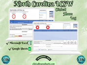 The image is a promotional graphic for a North Carolina LCSW Clinical Hours Log, which is a software program used to track the hours worked by healthcare professionals. The graphic features a laptop displaying the North Carolina LCSW Hours Log, along with a Microsoft Excel and a Google Sheets spreadsheet. The text on the image includes the words "North Carolina LCSW", "Clinical Hours Log", "Microsoft Excel" and "Google Sheets" to describe the software and its purpose.