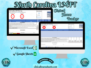 The image is a promotional graphic for a North Carolina Clinical Hours Tracker, which is a software program used to track the hours worked by healthcare professionals. The graphic features a laptop displaying the North Carolina LMFT Hours Log, along with a Microsoft Excel and a Google Sheets spreadsheet. The text on the image includes the words "North Carolina LMFT", "Clinical Hours Tracker", "Microsoft Excel" and "Google Sheets" to describe the software and its purpose.