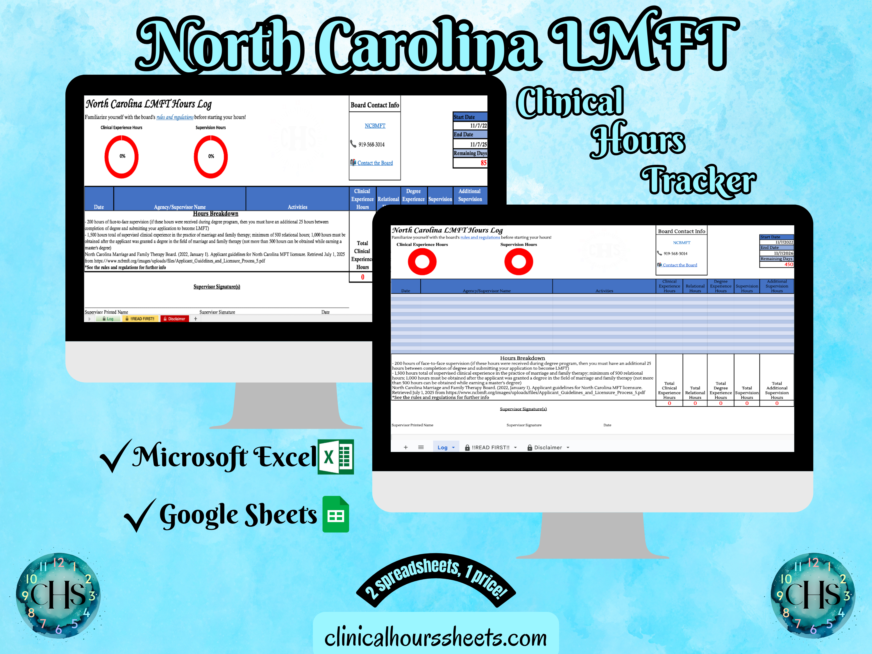 The image is a promotional graphic for a North Carolina Clinical Hours Tracker, which is a software program used to track the hours worked by healthcare professionals. The graphic features a laptop displaying the North Carolina LMFT Hours Log, along with a Microsoft Excel and a Google Sheets spreadsheet. The text on the image includes the words "North Carolina LMFT", "Clinical Hours Tracker", "Microsoft Excel" and "Google Sheets" to describe the software and its purpose.