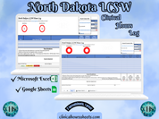 The image is a promotional graphic for a North Dakota LCSW Clinical Hours Log, which is a software program used to track the hours worked by healthcare professionals. The graphic features a laptop displaying the North Dakota LCSW Hours Log, along with a Microsoft Excel and a Google Sheets spreadsheet. The text on the image includes the words "North Dakota LCSW", "Clinical Hours Log", "Microsoft Excel" and "Google Sheets" to describe the software and its purpose.