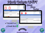 The image is a promotional graphic for a North Dakota LMFT Clinical Hours Tracker, which is a software program used to track the hours worked by healthcare professionals. The graphic features a laptop displaying the North Dakota LMFT Hours Log, along with a Microsoft Excel and a Google Sheets spreadsheet. The text on the image includes the words "North Dakota LMFT", "Clinical Hours Tracker", "Microsoft Excel" and "Google Sheets" to describe the software and its purpose.