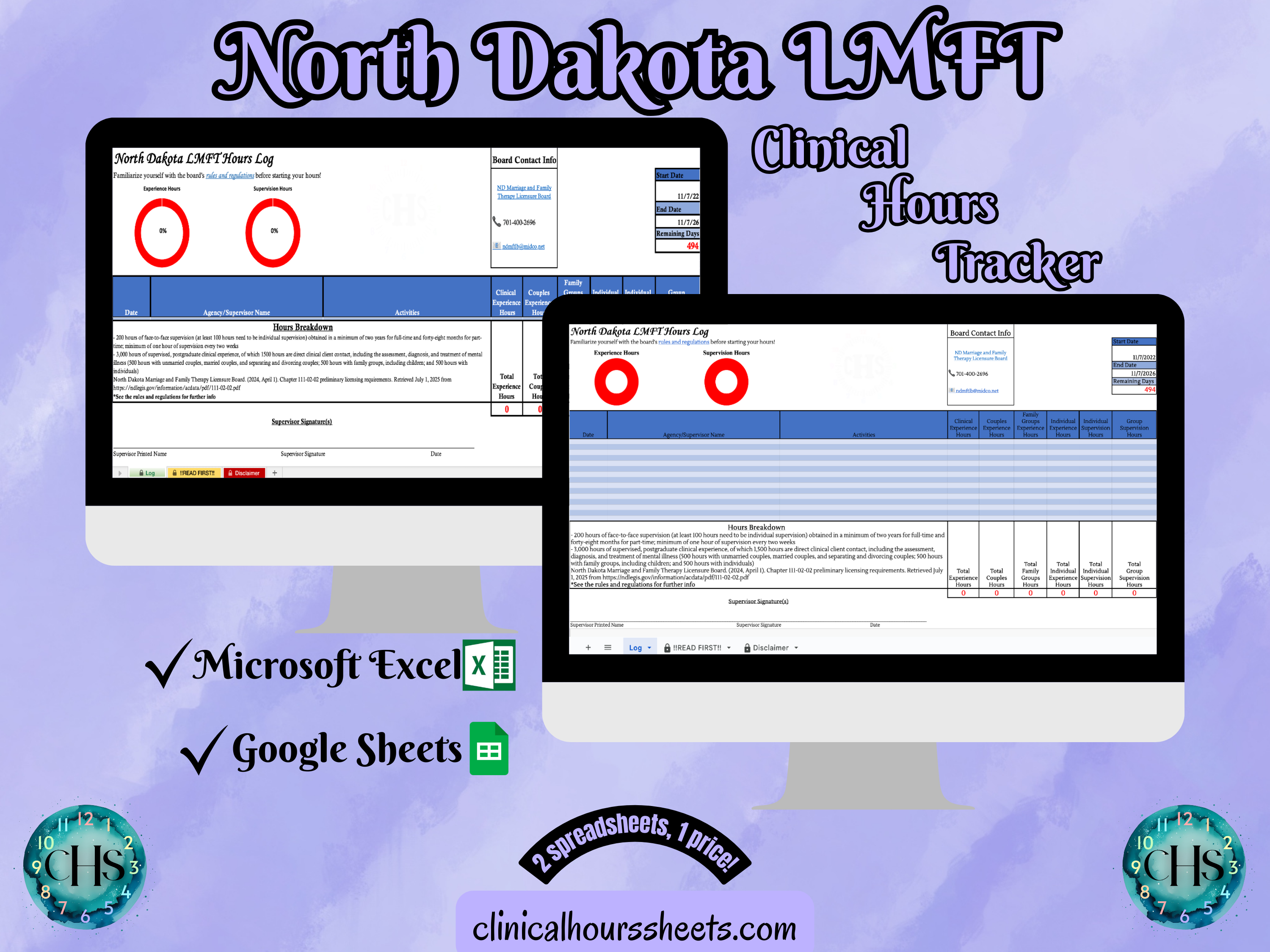 The image is a promotional graphic for a North Dakota LMFT Clinical Hours Tracker, which is a software program used to track the hours worked by healthcare professionals. The graphic features a laptop displaying the North Dakota LMFT Hours Log, along with a Microsoft Excel and a Google Sheets spreadsheet. The text on the image includes the words "North Dakota LMFT", "Clinical Hours Tracker", "Microsoft Excel" and "Google Sheets" to describe the software and its purpose.