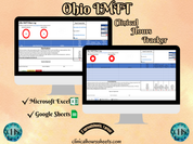 The image is a promotional graphic for a Ohio IMFT Clinical Hours Tracker, which is a software program used to track the hours worked by healthcare professionals. The graphic features a laptop displaying the Ohio IMFT Hours Log, along with a Microsoft Excel and a Google Sheets spreadsheet. The text on the image includes the words "Ohio IMFT", "Clinical Hours Tracker", "Microsoft Excel" and "Google Sheets" to describe the software and its purpose.