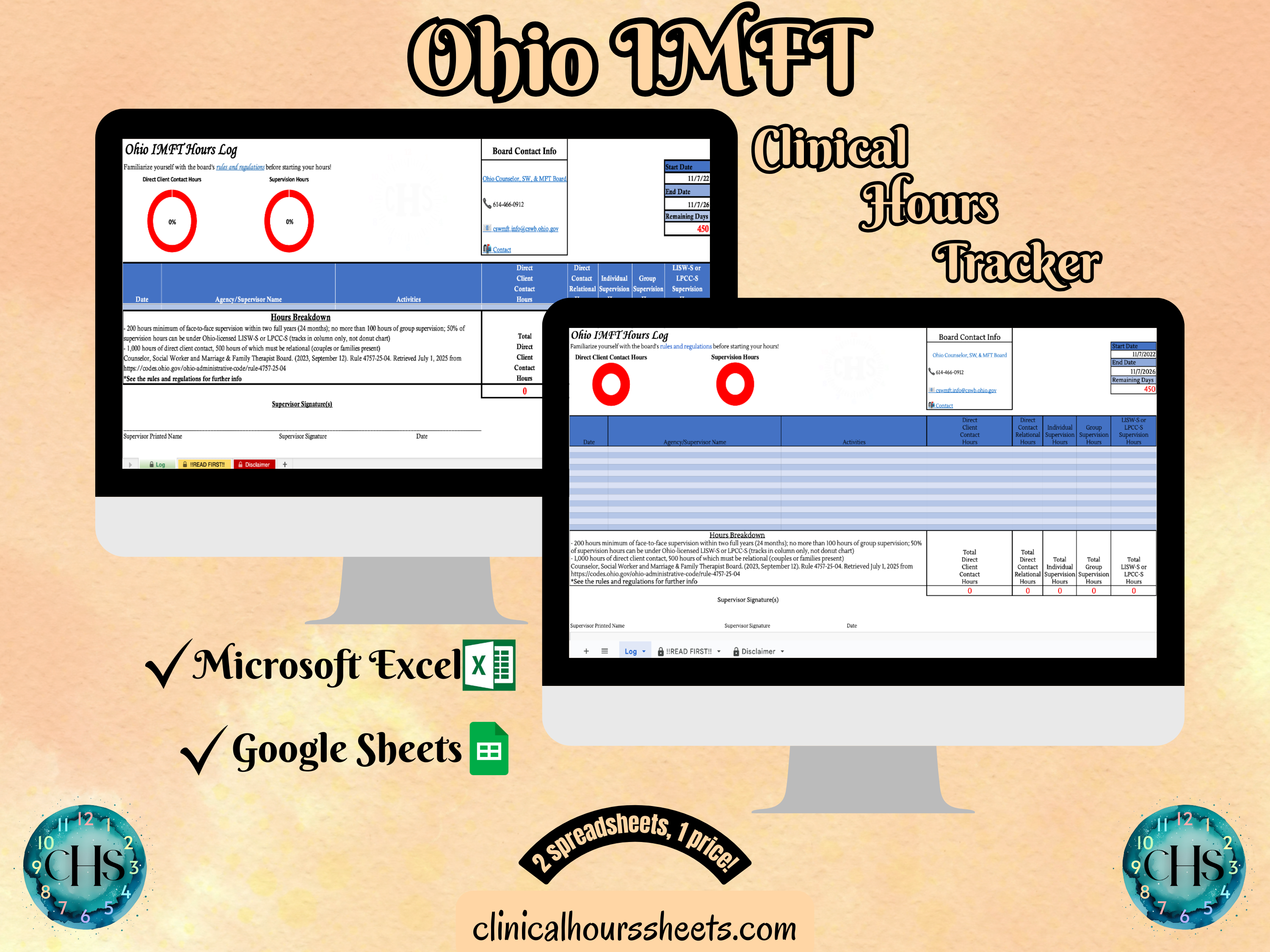 The image is a promotional graphic for a Ohio IMFT Clinical Hours Tracker, which is a software program used to track the hours worked by healthcare professionals. The graphic features a laptop displaying the Ohio IMFT Hours Log, along with a Microsoft Excel and a Google Sheets spreadsheet. The text on the image includes the words "Ohio IMFT", "Clinical Hours Tracker", "Microsoft Excel" and "Google Sheets" to describe the software and its purpose.