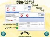 The image is a promotional graphic for an Ohio LISW Clinical Hours Log, which is a software program used to track the hours worked by healthcare professionals. The graphic features a laptop displaying the Ohio LISW Hours Log, along with a Microsoft Excel and a Google Sheets spreadsheet. The text on the image includes the words "Ohio LISW", "Clinical Hours Log", "Microsoft Excel" and "Google Sheets" to describe the software and its purpose.