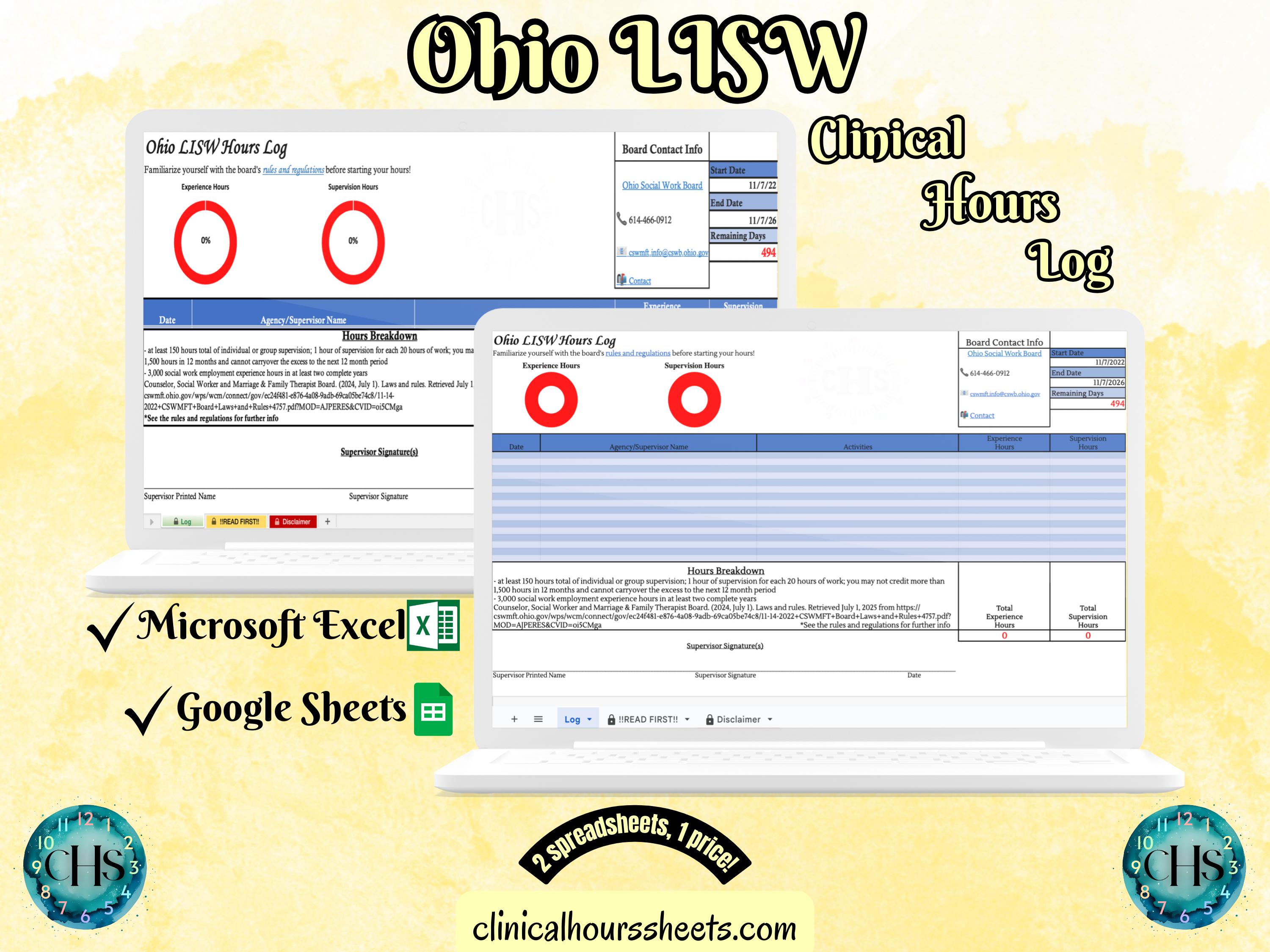 The image is a promotional graphic for an Ohio LISW Clinical Hours Log, which is a software program used to track the hours worked by healthcare professionals. The graphic features a laptop displaying the Ohio LISW Hours Log, along with a Microsoft Excel and a Google Sheets spreadsheet. The text on the image includes the words "Ohio LISW", "Clinical Hours Log", "Microsoft Excel" and "Google Sheets" to describe the software and its purpose.